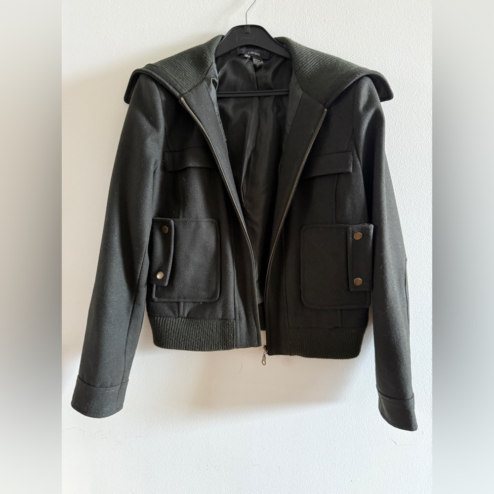 Zara Black Utility/Bomber Jacket with Oversize Collar